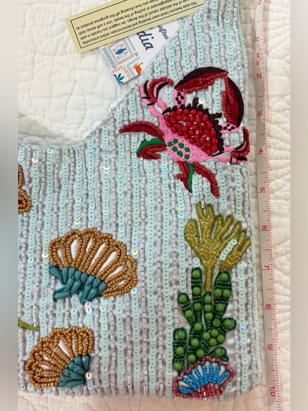NWT Made in India Beaded Ocean Tote Handbag with Turtle & Shell Motif - Aqua - Picture 6 of 8